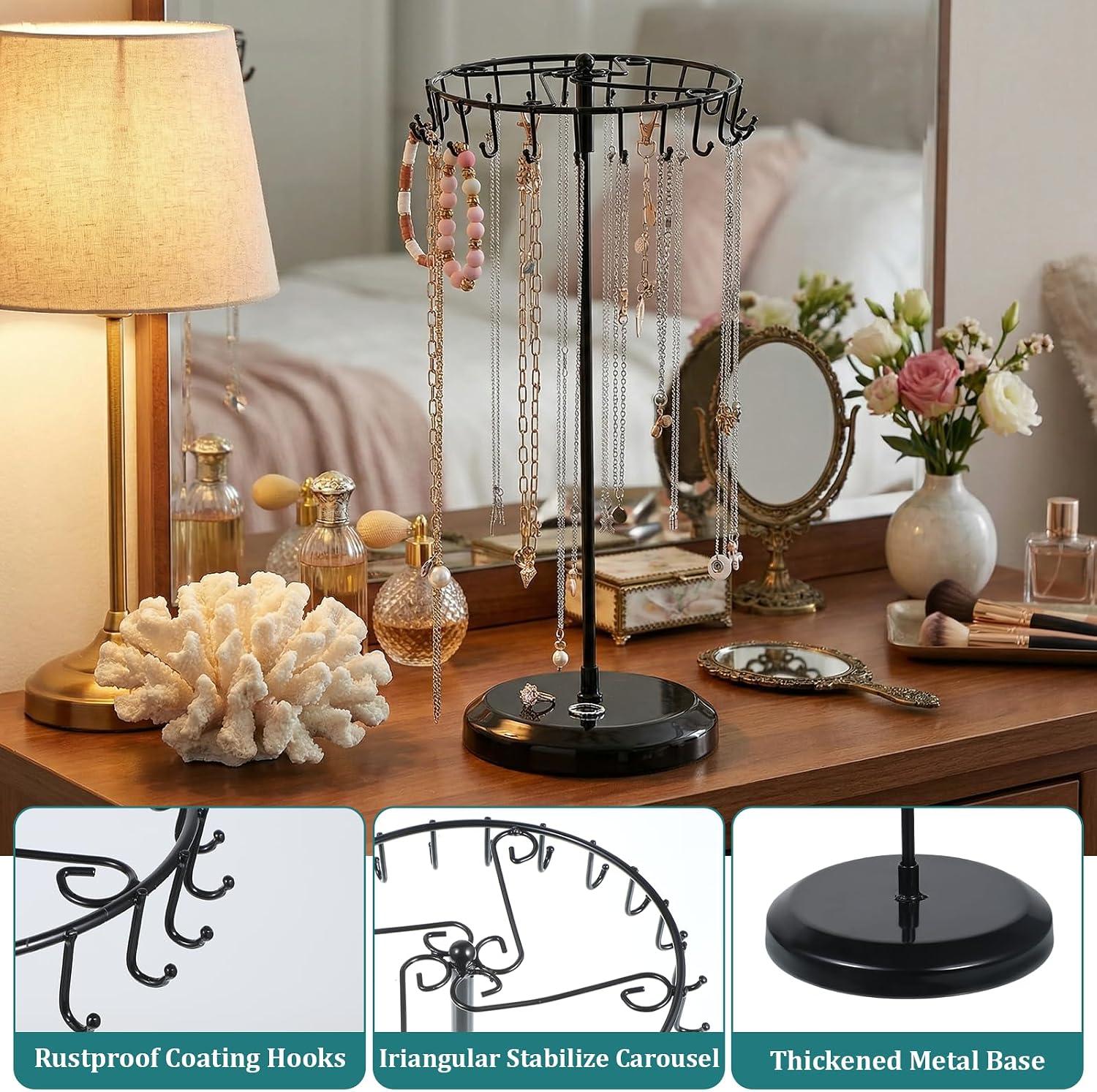 2 Pcs Rotating Necklace Holder Organizer with 23 Hooks, 14 Inch Metal Bracelet Display Stand Rack, Keychain Tree Tower for Women Bracelet Earring Ring Jewelry Display, Black