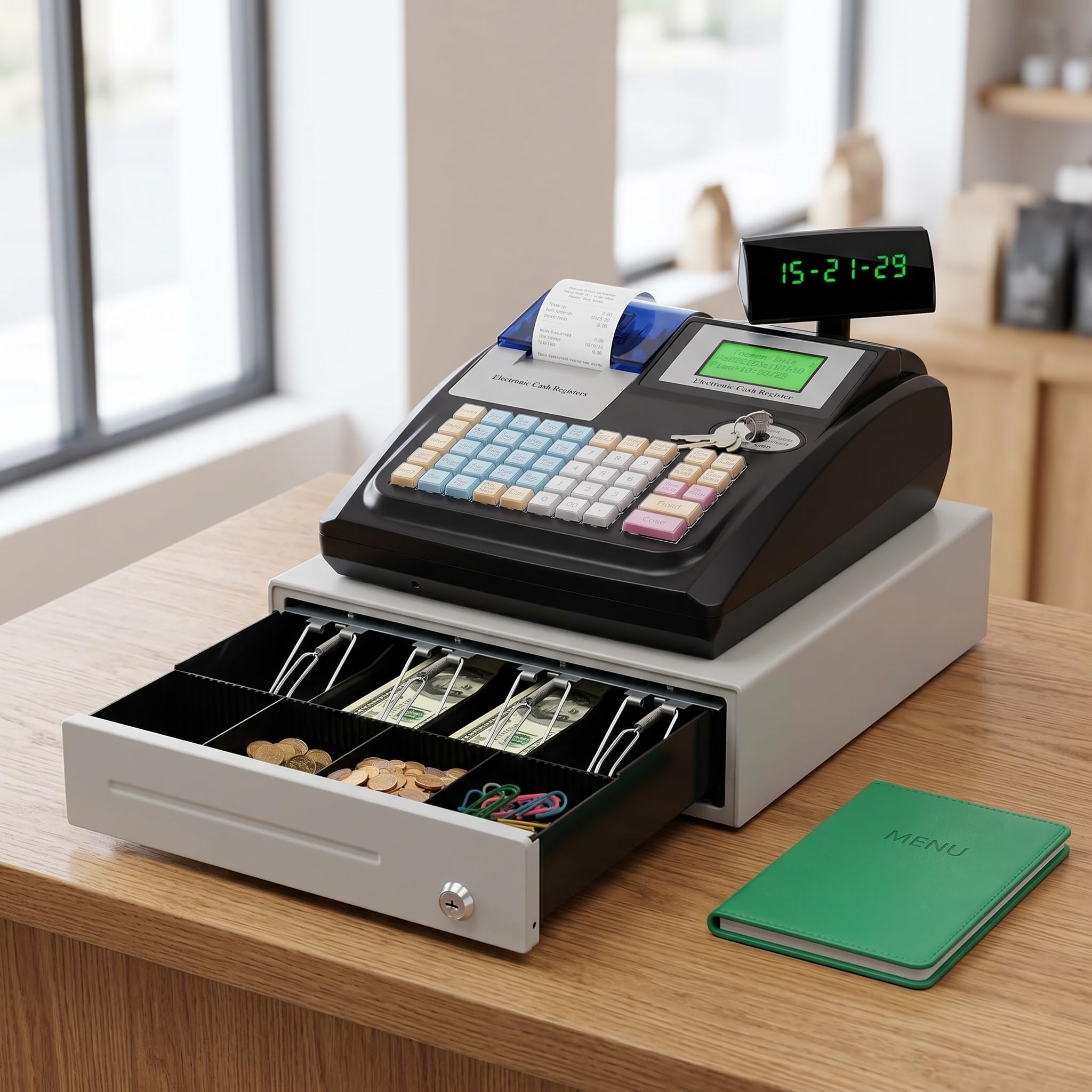 Caja Registradora Electrónica De 48 Teclas con Impresora Térmica, Pantalla Led para El Cliente, Sistema Tpv para Pequeñas Empresas, Solución Completa para El Manejo De Efectivo.