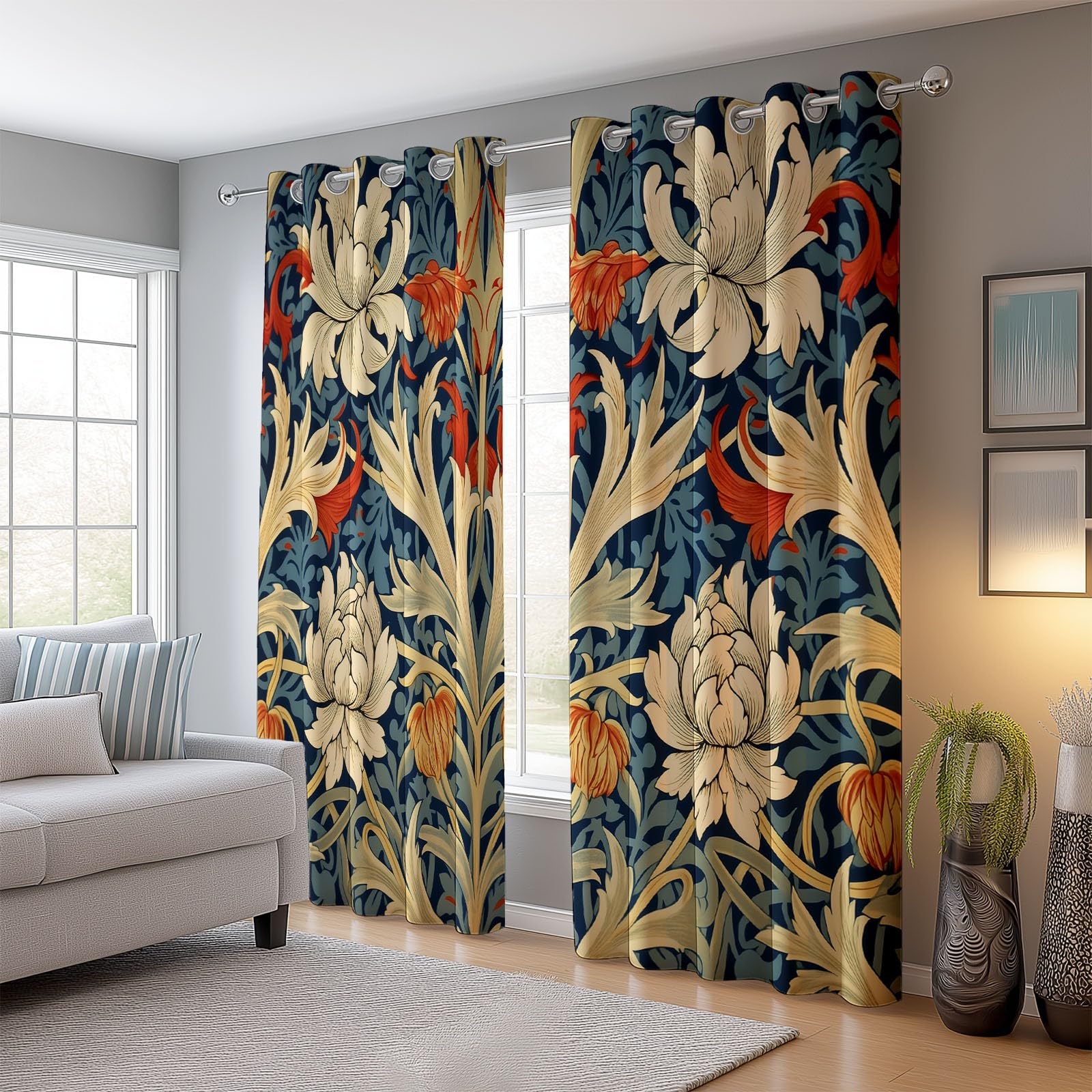 Genérico Cortinas Opaca con Ojales, Retro Elegante William Morris Estampado Floral Tema Decorativas Cortinas 117 An x 138 Al cm (2Paneles) para Niños y Adultos Dormitorio - Multicolor Estampadas