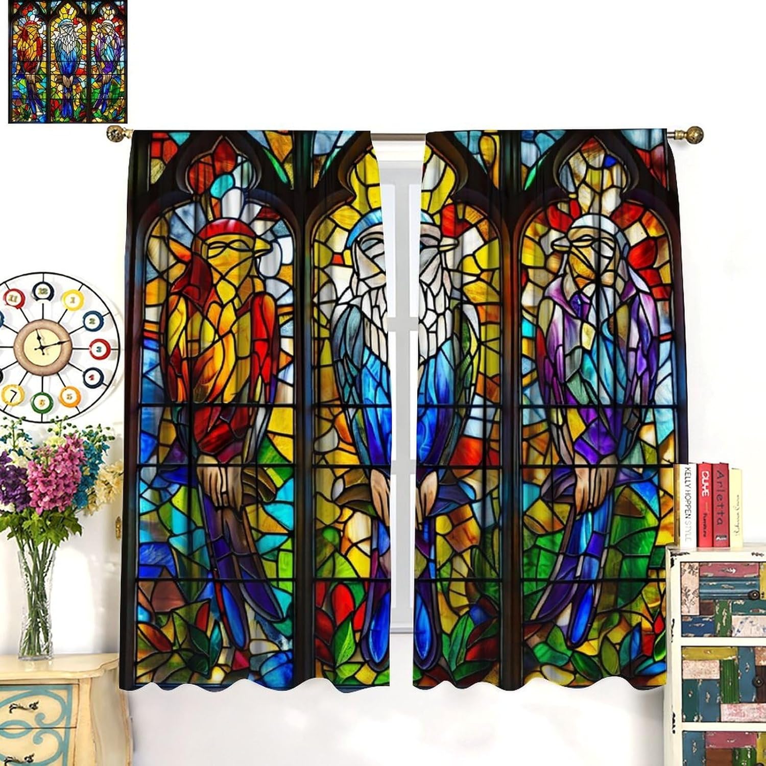 Stained Glass Curtains,Churches Mosaic Art Beautiful Nature Scenery Birds Art Abstract Modern Blackout Rod Pocket Window Treatments for Bedroom Living Kitchen Cafe Restaurant Drapes 42"W X 45"L