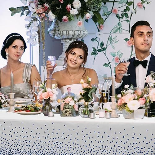 Miniatura 5 de Juego de 12 manteles de plástico y camino de mesa de satén, desechables, punto blanco y azul, 54 x 108 pulgadas, mantel de satén azul cielo para