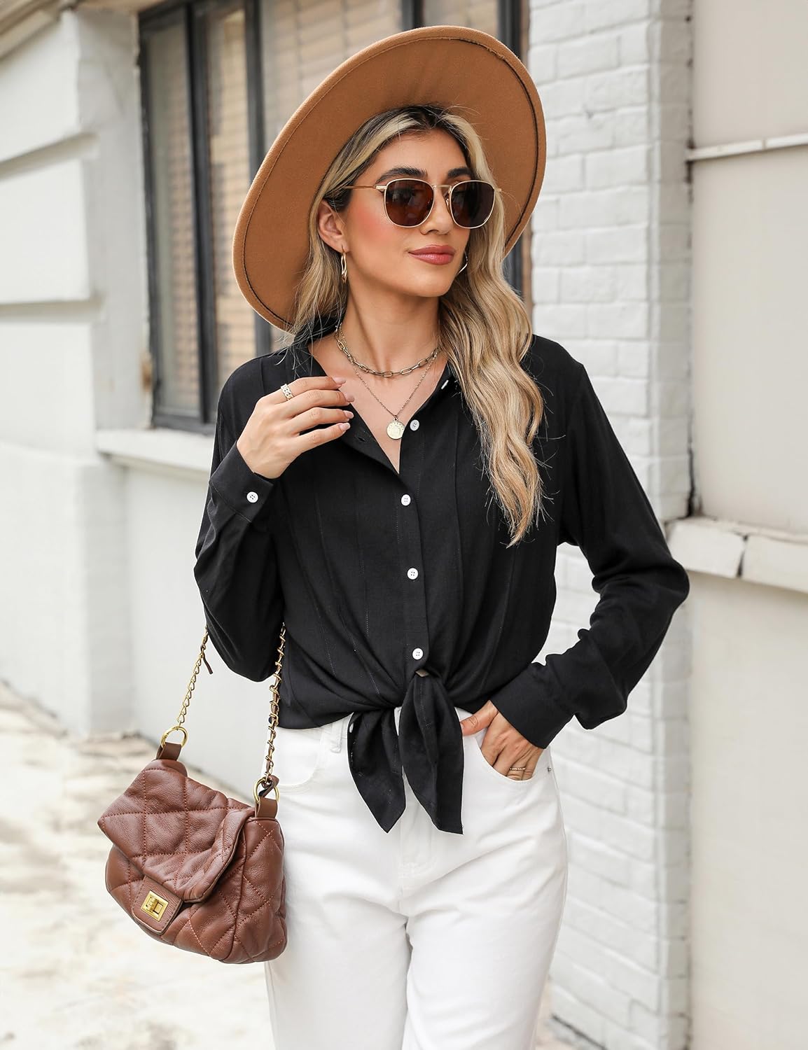 Blooming Jelly Women's Button Down Shirts Linen Long Sleeve Tops Business Casual Outfits Fall Pleated Trendy Blouses - Image 3