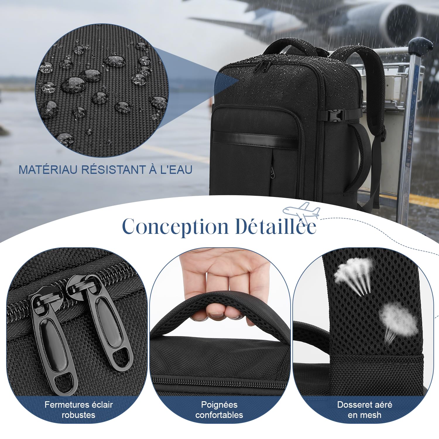VSNOON Bagage Cabine 40x30x20, 24L Sac a Dos Voyage Cabine Avion à Main avec Poche Humides, Sac à Dos Ordinateur 15 Pouces pour Ryanair, Wizz Air, Transavia, Étanche Bagage pour Homme Femme, Noir