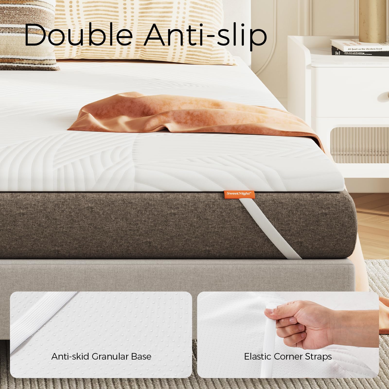 Sweetnight Surmatelas en Gel 160 x 190 x 5 cm, avec Housse Amovible et Lavable, Surmatelas en Mousse à mémoire de Forme 160 x 190 x 5 cm, avec Sangles élastiques, Blanc