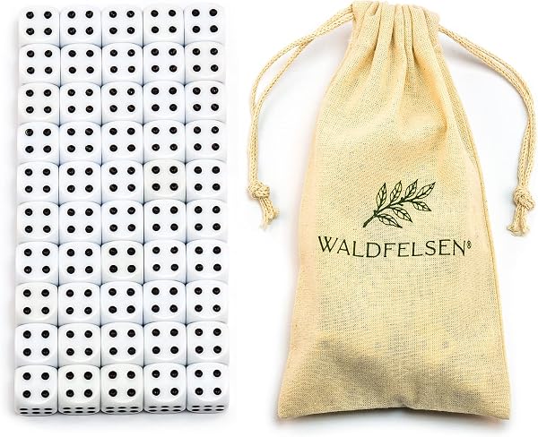 Waldfelsen 6, 12, 20, 30 oder 50 hochqualitative Würfel Standardgröße 16 mm Acrylwürfel Knobel Spielwürfel Dice 6-seitig sechsseitig Spielzubehör Set mit Stoffbeutel (Weiß, 50 Stück) - 3