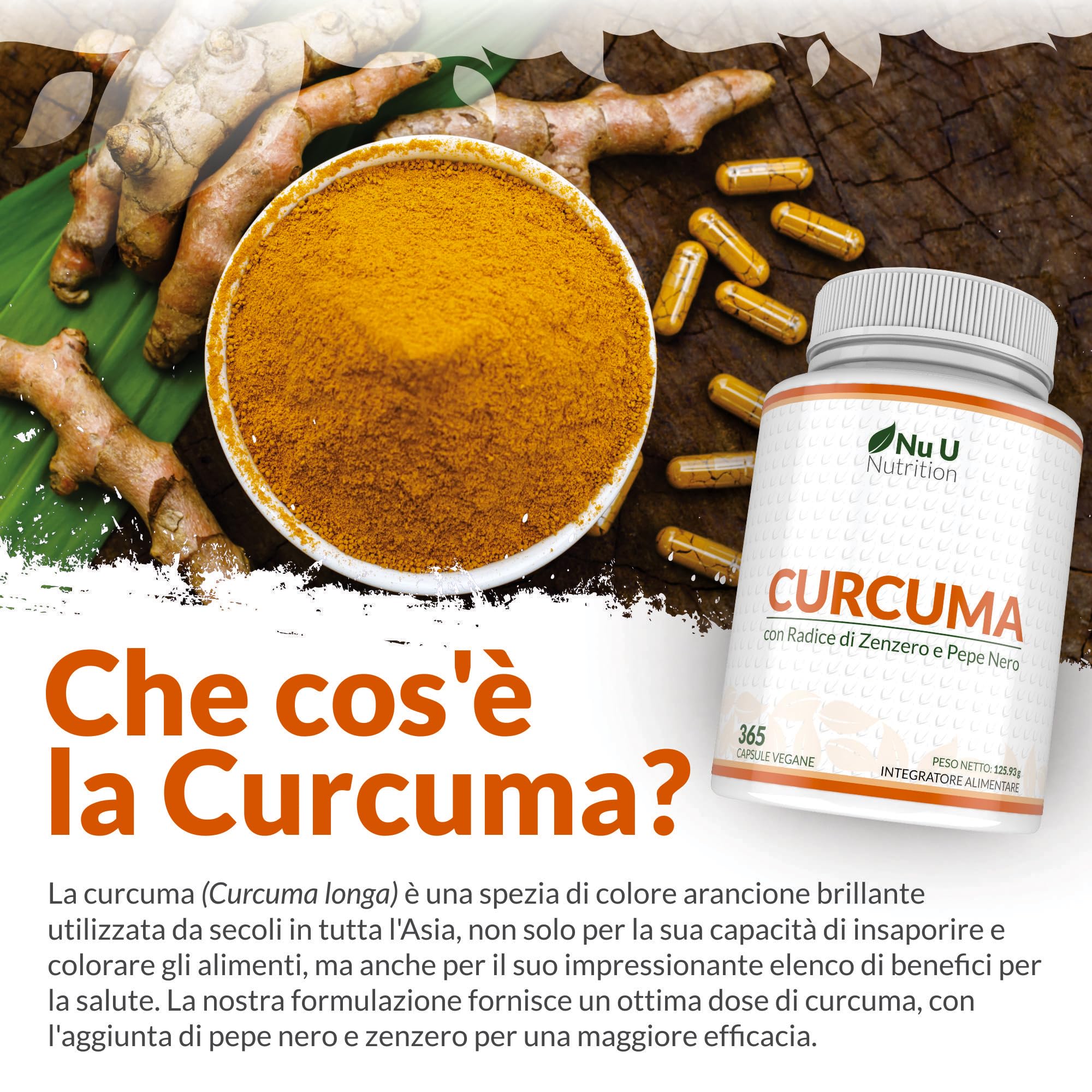 Curcuma 1520mg con Zenzero e Pepe Nero - 365 Capsule Vegane - Alto Dosaggio di Curcumina in Polvere - 95% di Curcuminoidi - Prodotto in Europa - Nu U Nutrition