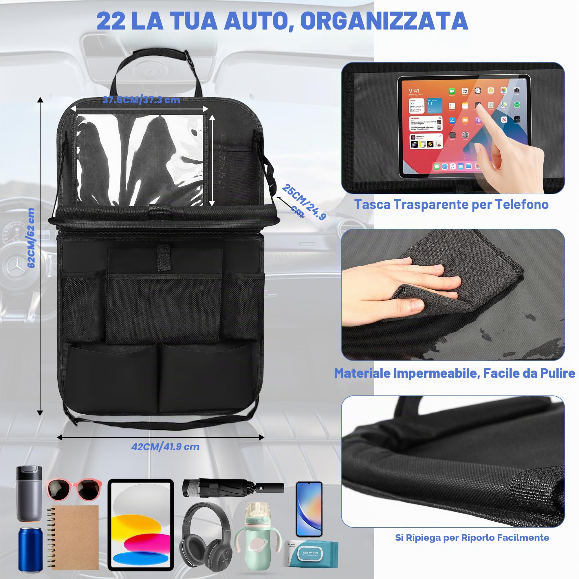 Organizer Auto 2 Pezzi, Nero con Vassoio Pieghevole, 10 Tasche, Porta Tablet da Auto | Protezione Sedile Auto Bambini Posteriore Universale (2)
