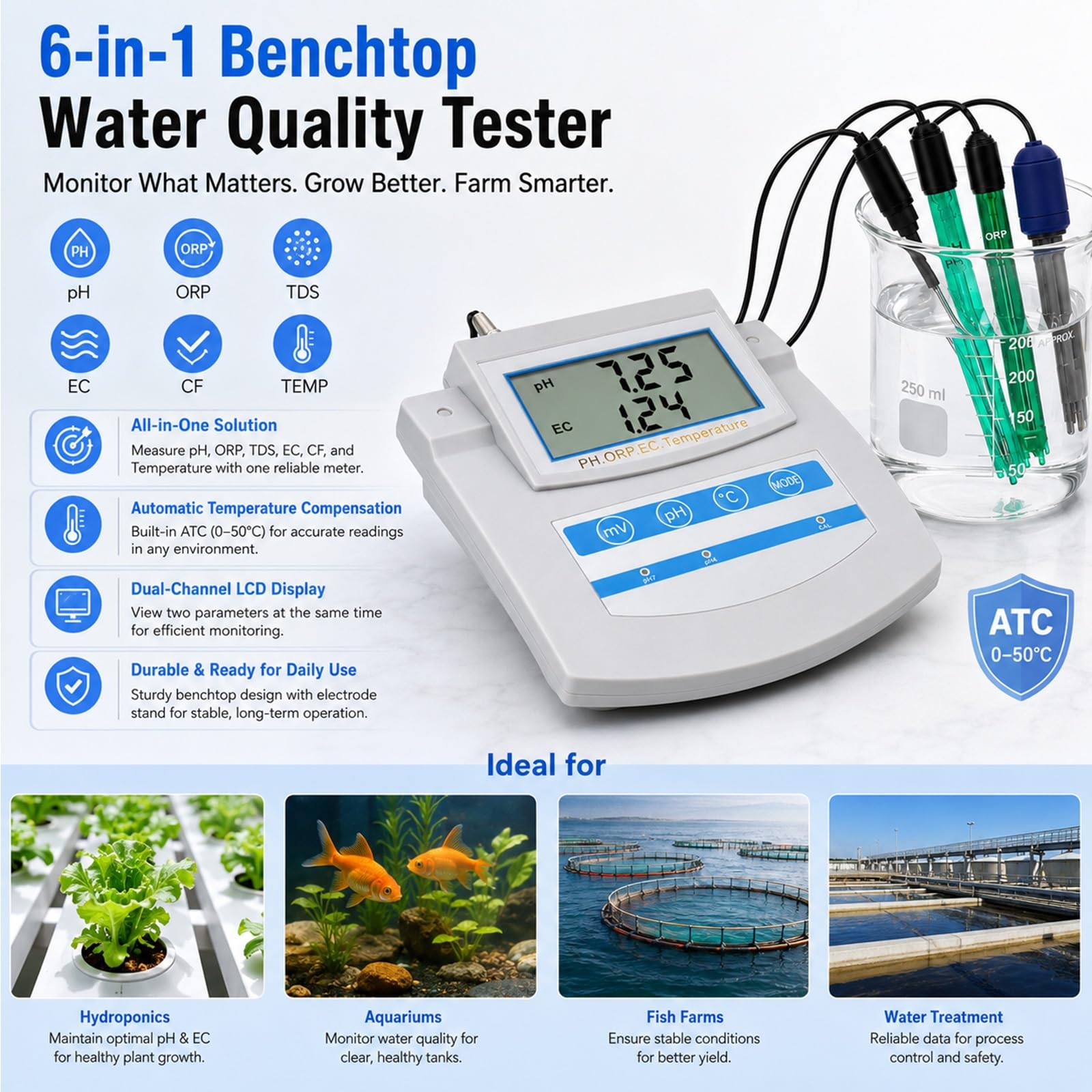 Probador de Calidad del Agua de sobremesa 6 en 1 Acuicultura hidropónica – Medidor multiparámetro Comercial pH TDS EC CF ORP Temp con ATC for gestión de nutrientes en piscifactorías