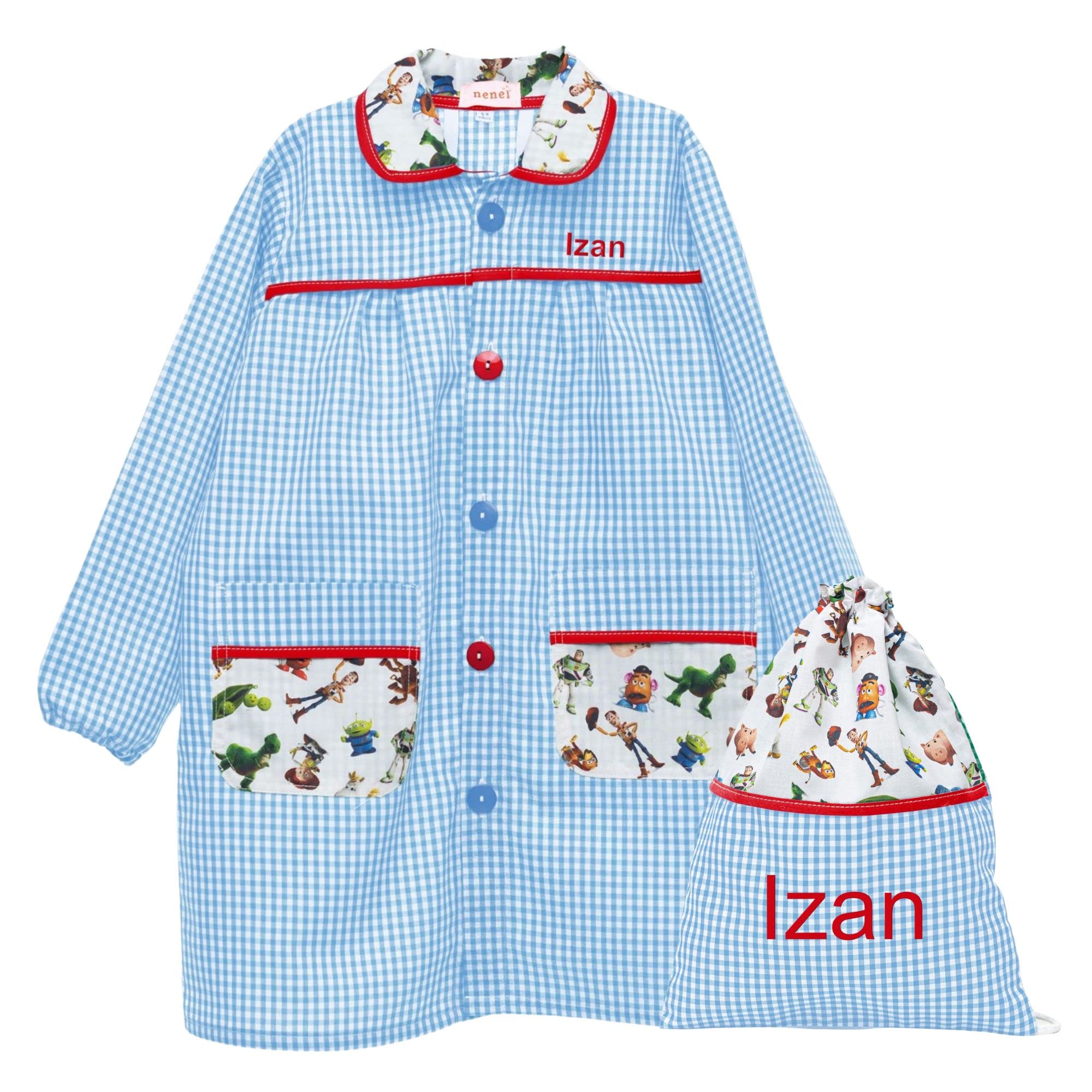 Nenel Conjunto Escolar para Colegio o guardería: Mandilón, babi o Bata Escolar + Bolsa merienda Bordado con el Nombre. Modelo Toy Story