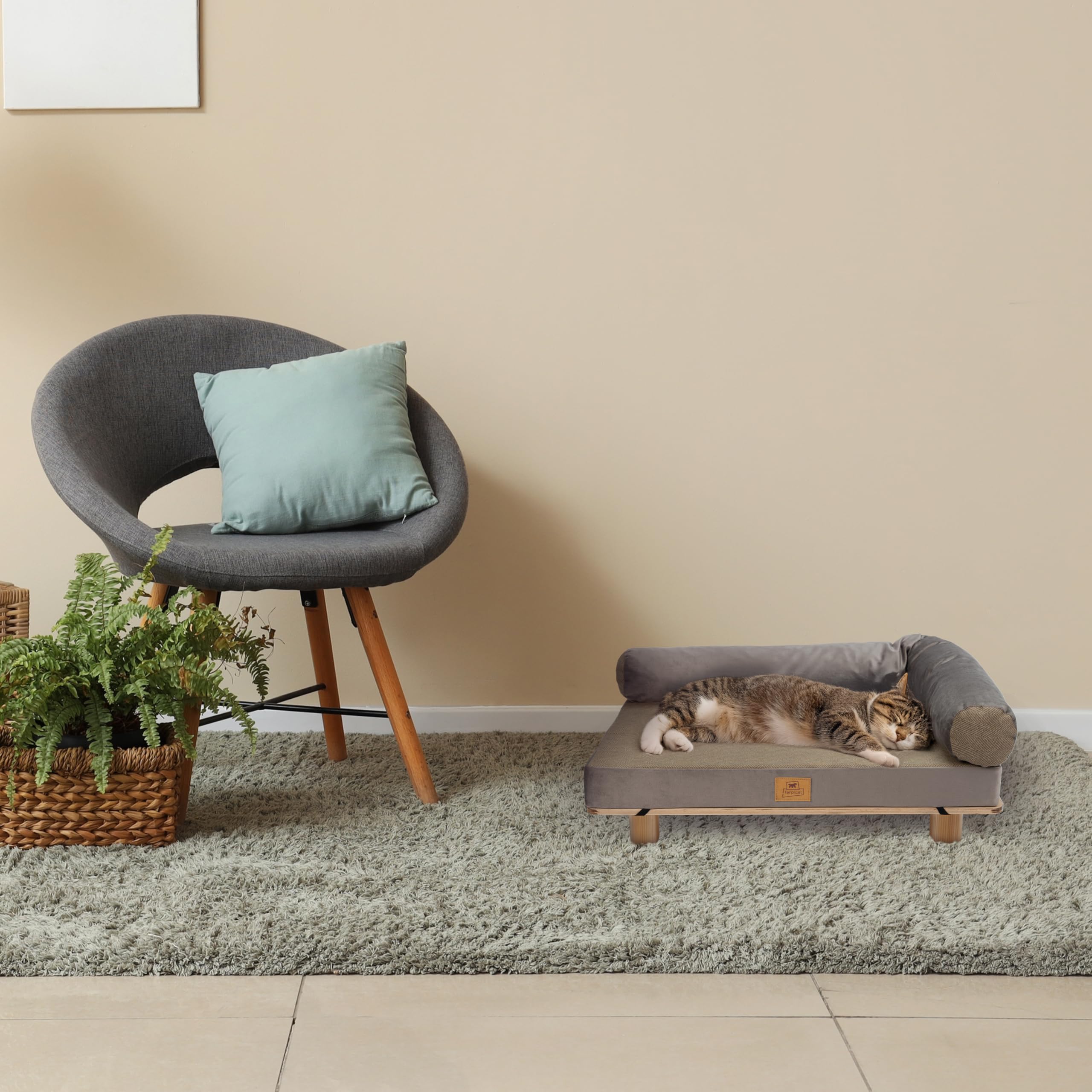 Ferplast Cama para Perros y Gatos en Madera certificada FSC® con cojín Suave, Estilo, Comodidad y Durabilidad, 76 x 46 x h 24 cm.