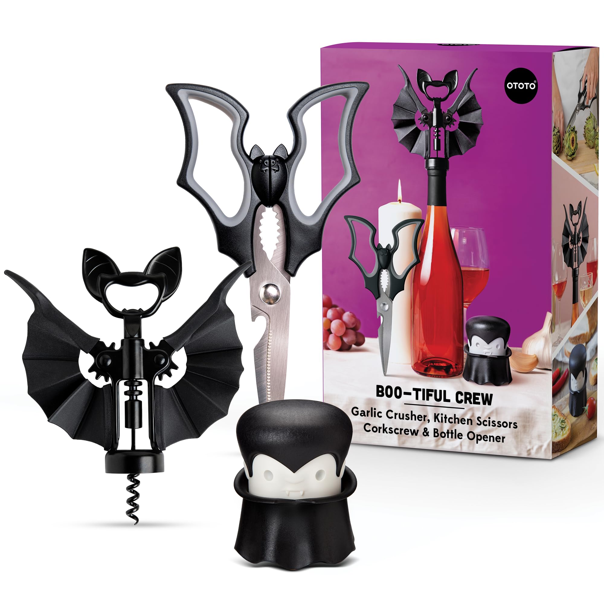 OTOTO Boo-tiful Crew Bundle of Elizabat, Vino, Gracula - Halloween Kitchen Decor Goth Accessories, Cool Kitchen Gadgets, Bat Scissors, Spooky, Witchy