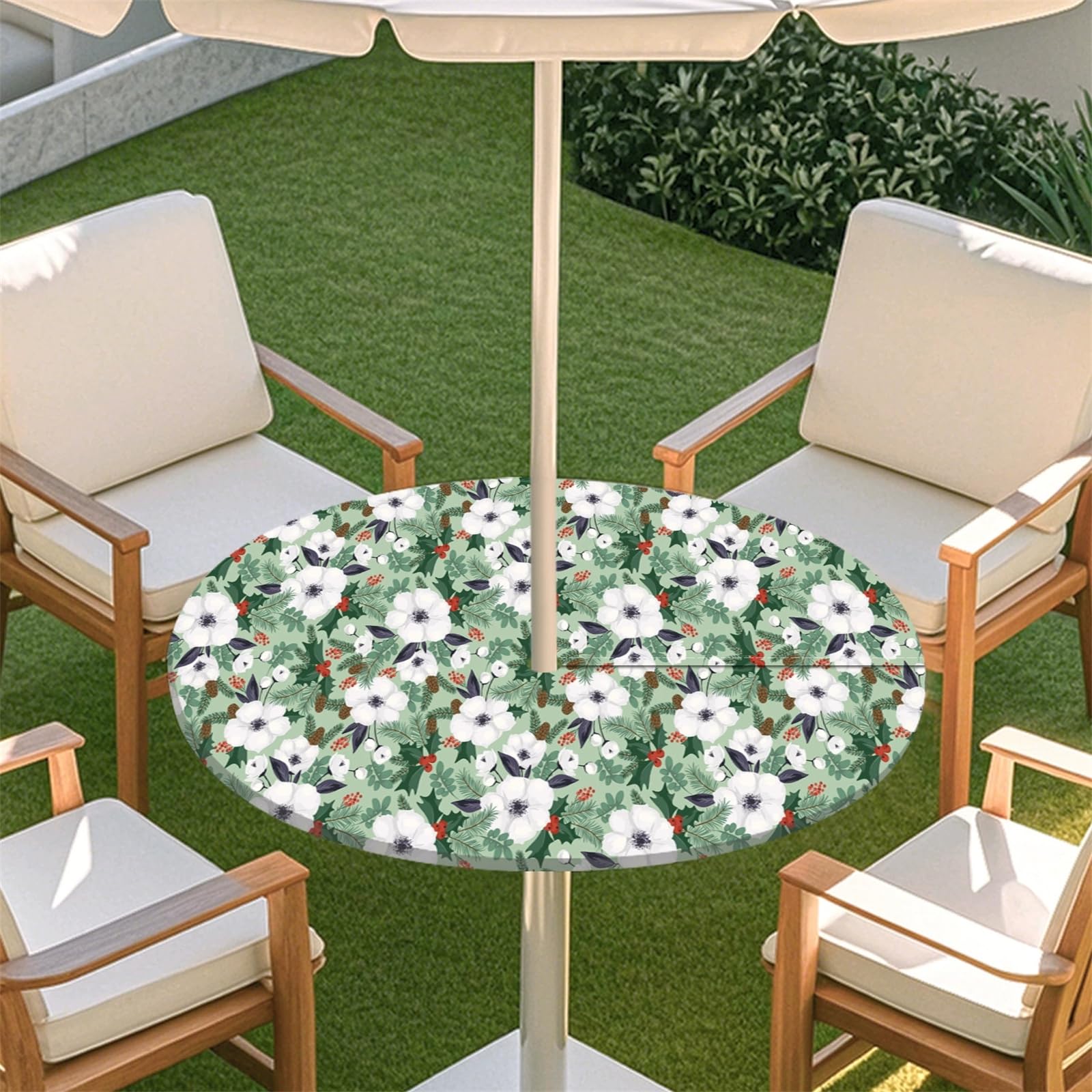 Muiuou Elastic Edge Fitted Round Tablecloth Protector Waterproof Outdoor Circle Tablecloth with Parasol Hole and Zipper, Wipe Clean Table Cover for Garden BBQ Party (Style 2,S(31-35inch)) — image 1