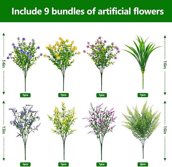 9 Bundles Artificial Plants Fake Flowers for Indoor Vase Outside