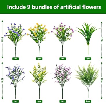 9 Bundles Artificial Plants Fake Flowers for Indoor Vase Outside