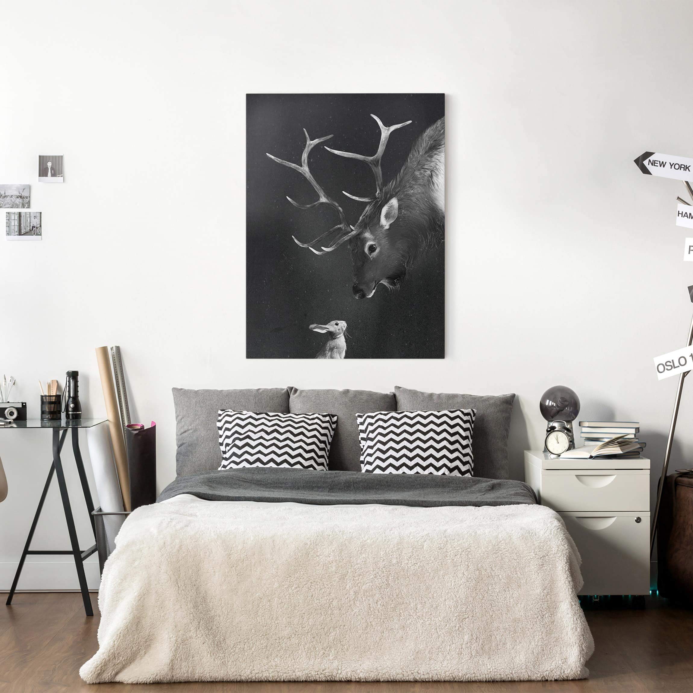 Leinwandbild - Illustration Hirsch und Hase Schwarz Weiß Malerei 80 x 60 cm