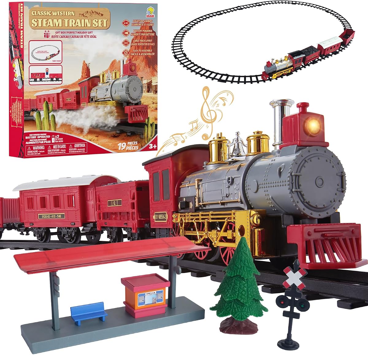 Electric Train Set with Light & Sounds, 19 PCS Train Toys for Toddlers 3-5 & Kids 4-8, Locomotive, Passenger Car, 12 Tracks, Indoor Toy, Birthday for Boys and Girls