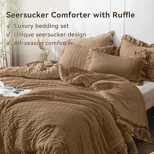 Miniatura 206 de JOLLYVOGUE - Juego de edredón tamaño queen, de 3 piezas, estilo seersucker, ligero y esponjoso para todas las estaciones, con 1 edredón con volantes