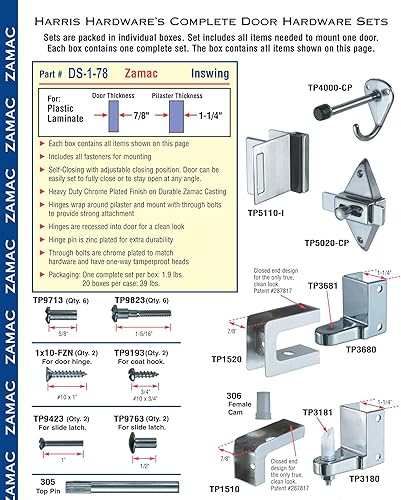 Miniatura 2 de Harris Hardware DS-1-78 - Herrajes para puerta de entrada de Zamac fundido a presión, 78 pulgadas para puerta de 1-14 pulgadas Pilaster