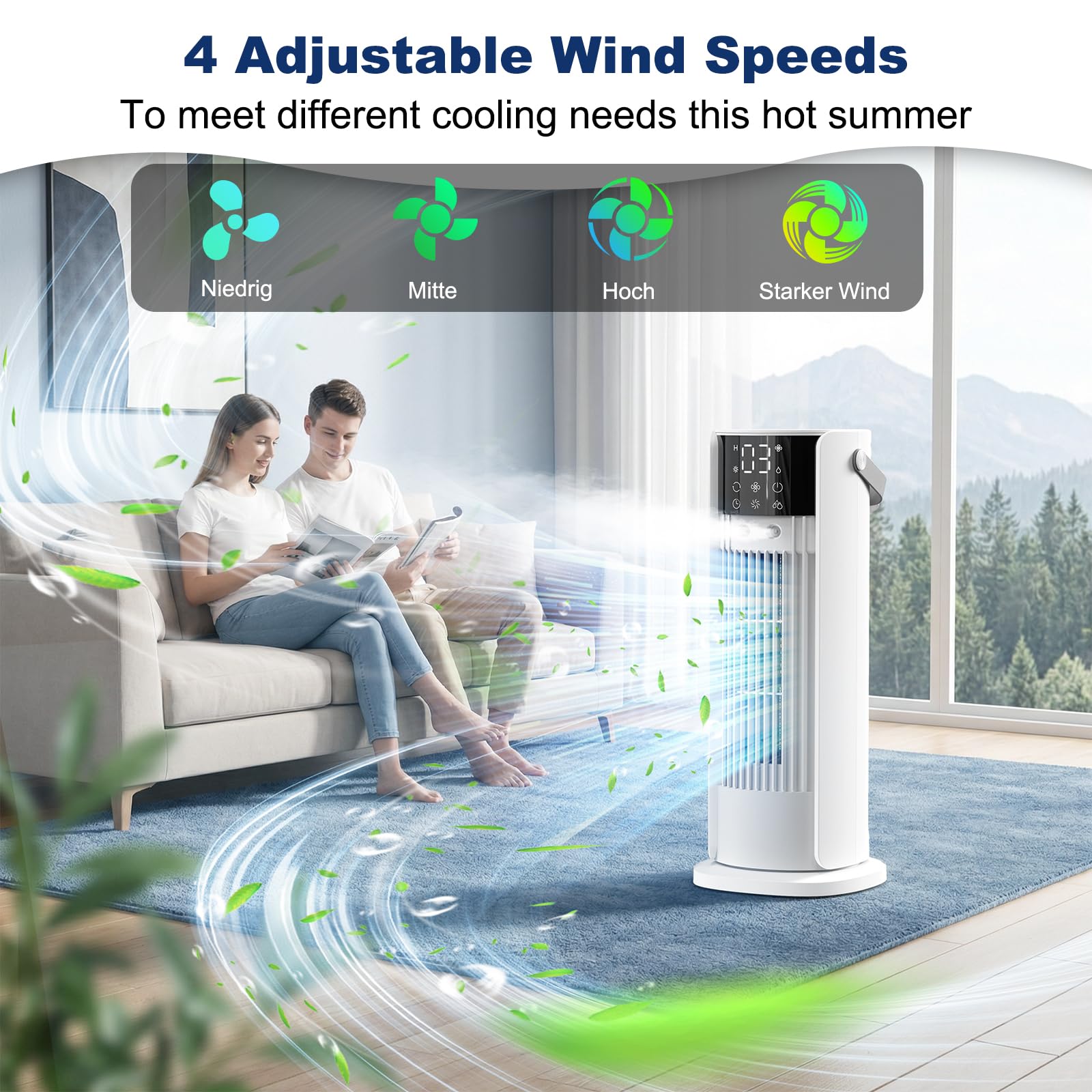 Aire Acondicionado Portátil Sin Tubo Exterior, 4 en 1 Ventilador Refrigeración, 3 Niveles de Velocidad, Función de Nebulización, Oscilación de 90°, Pantalla LED, con Mando a Distancia (Blanco)