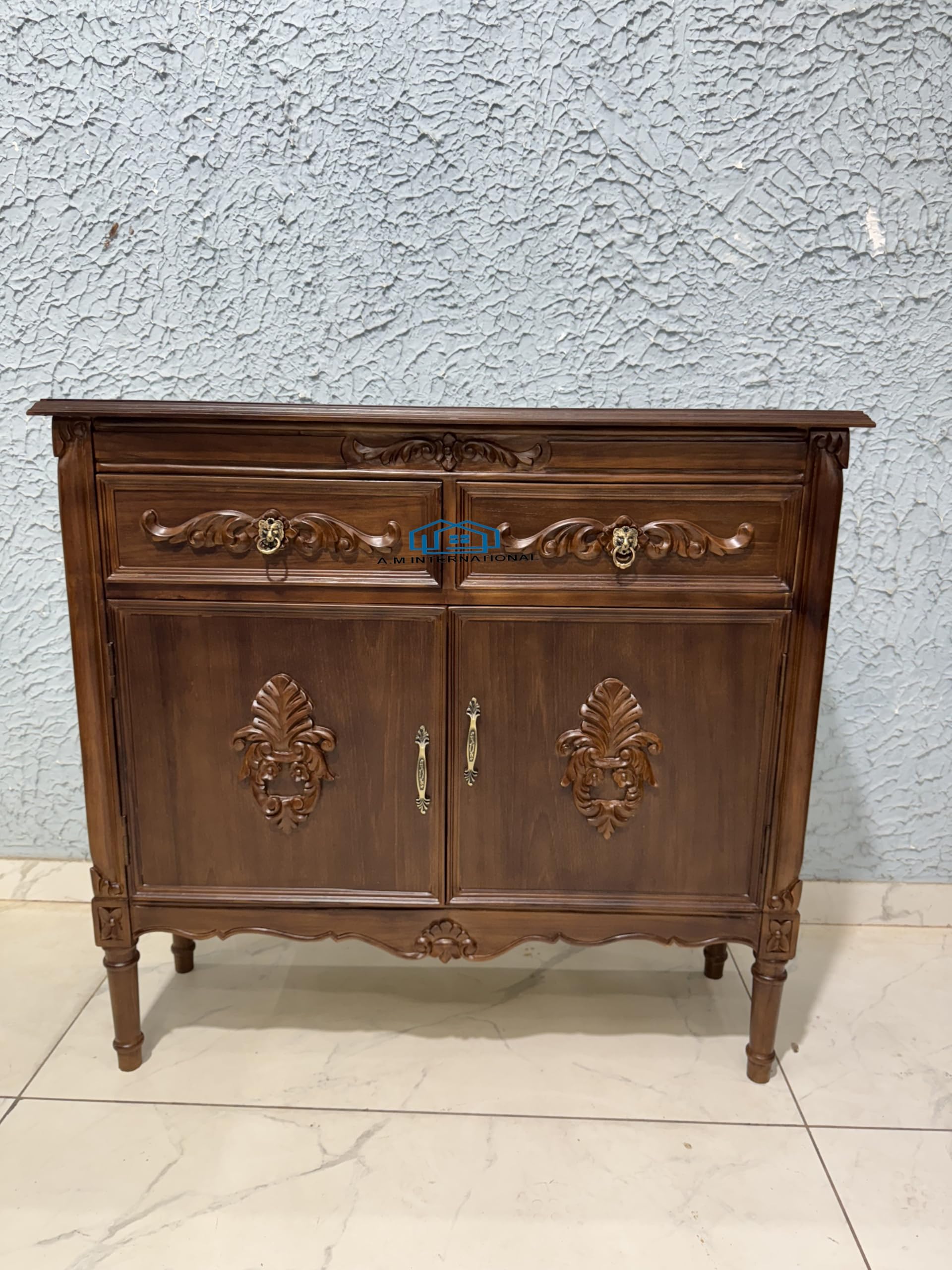 Handcrafted Wooden Storage Cabinet with Drawer & Carved Doors | Solid Wood Vintage Sideboard for Living Room, Bedroom & Hallway 48 * 36 * 12 inch Walnut matt Finish-image-27