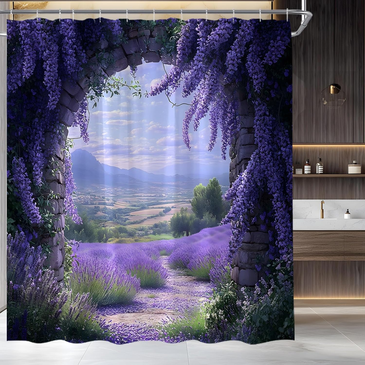 Garden Shower Curtain Spring Purple Floral Wisteria Vine Lavender Meadow Nature Rustic Home Fabric Bathroom Decor Set Include Hooks,(70" Wx74.8 H)