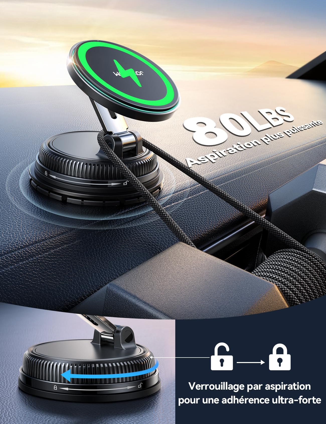 JOYROOM 15w Magsafe Chargeur Voiture [Ventouse à Vide & Gel Ultra-Fort] Support Telephone Voiture Magsafe Rotatif à 360° et Pliable Support Telephone Voiture Induction pour Iphone 17 16 15 14 13 12