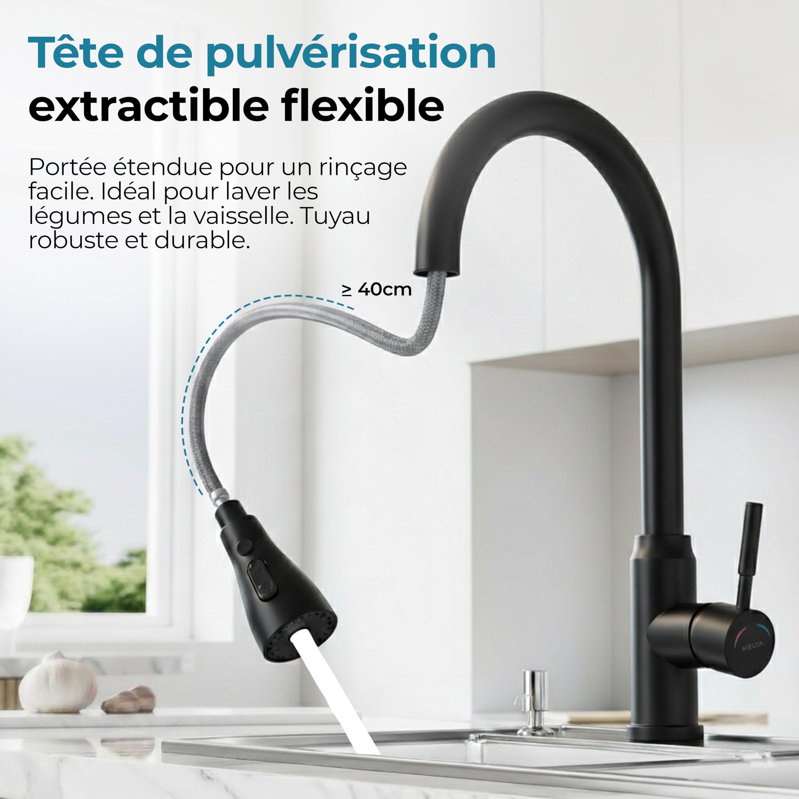 MELTA. Robinet Cuisine Douchette Extractible Pivotant 360° – Mitigeur Cuisine Évier Arc Élevé en Acier Inoxydable, Robinet Flexible avec 3 Modes Jet, Tête Pulvérisation Extractible (NOIR MAT) - 4