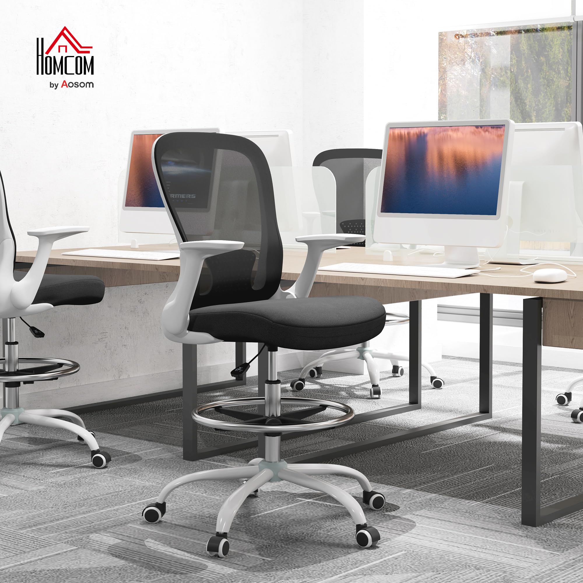 HOMCOM Chaise de bureau haute ergonomique avec accoudoirs rabattables, dossier en maille, soutien lombaire, anneau de pied réglable, roues pivotantes, pour bureau debout, noir et blanc