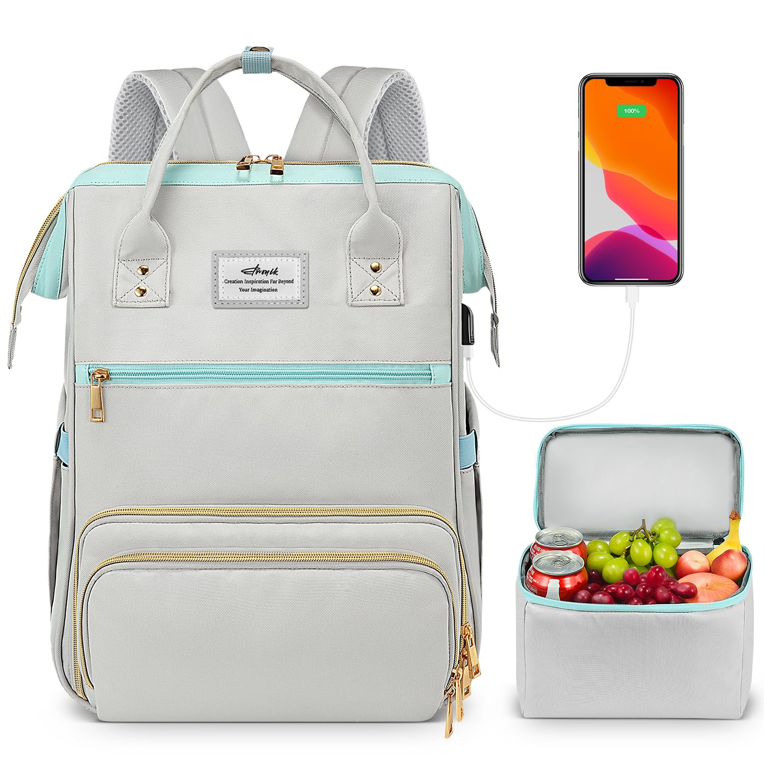 Lunch Backpack, 15.6 Inch Laptop Backpack with USB Port, Stylish Nurse, Teacher Work Bag with Insulated Cooler Lunch Box for Women Men, College Backpack for Travel, Grey Blue