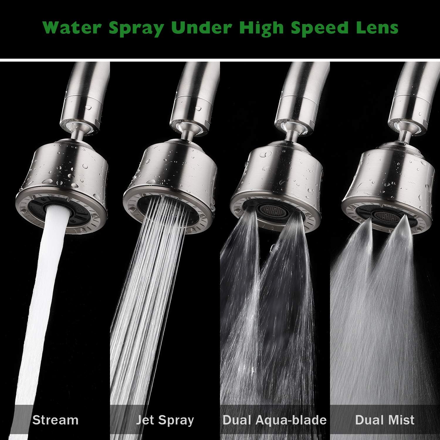 Houtingmaan Kitchen Sink Faucet Aerator with 2 Ball Joint, Big Angle Swivel Sprayer Head Replacement with 4 Spray Models, 55/64-27UNS Famale Thread - Brushed Nickel
