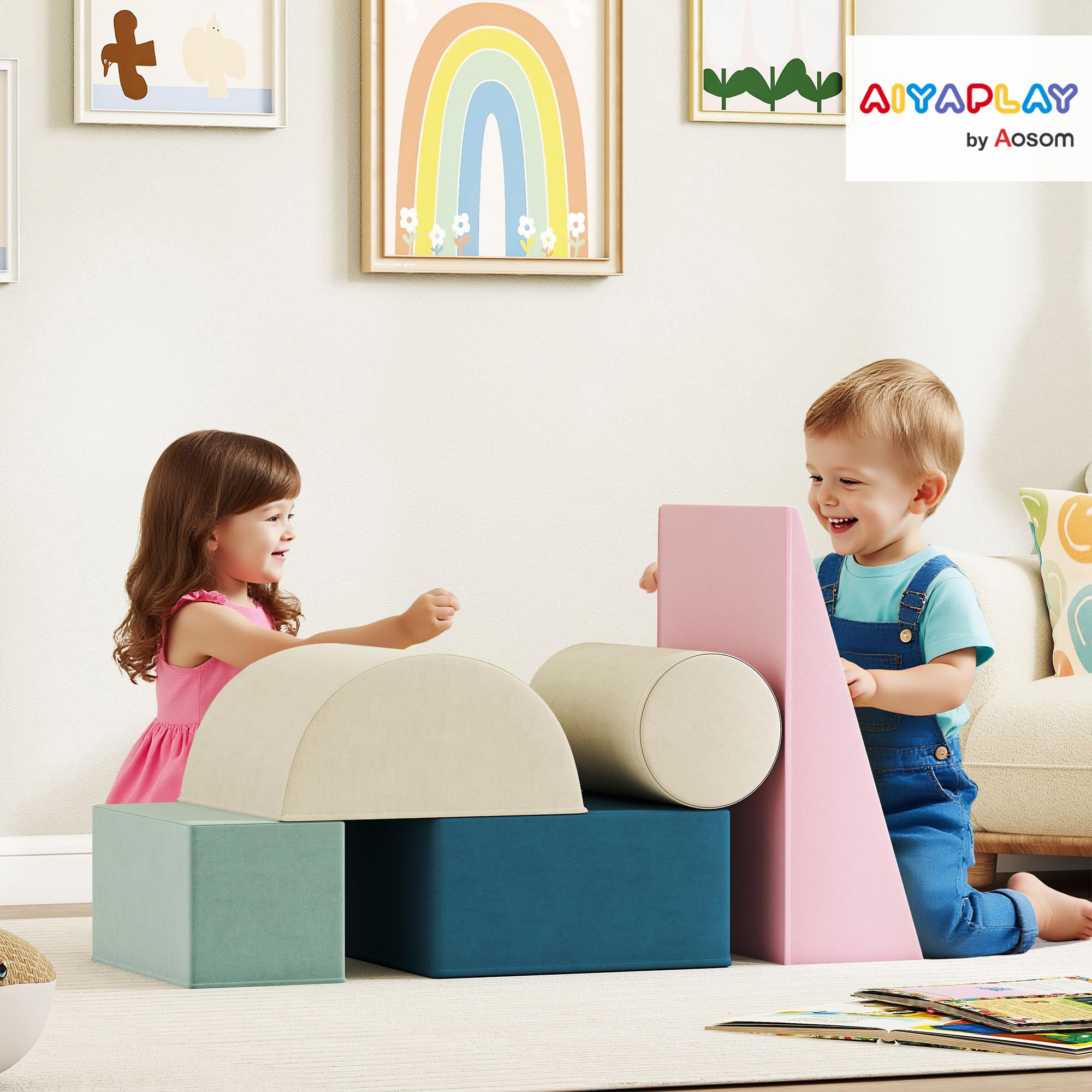 AIYAPLAY Juego de 5 Bloques de Espuma para Niños, Fundas Extraíbles, Bloques de Psicomotricidad, Figuras de Construcción, Juguete para Aprendizaje para Escalar y Gatear, Multicolor