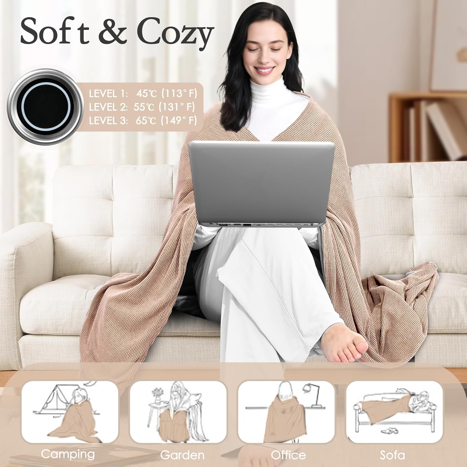 Wearable Heated Blanket Shawl 71" × 43", Includes 1× 20000mAh 22.2W Power Bank, 11 Heating Zones, 3 Heat Levels & 1–6H Timer, - Image 3