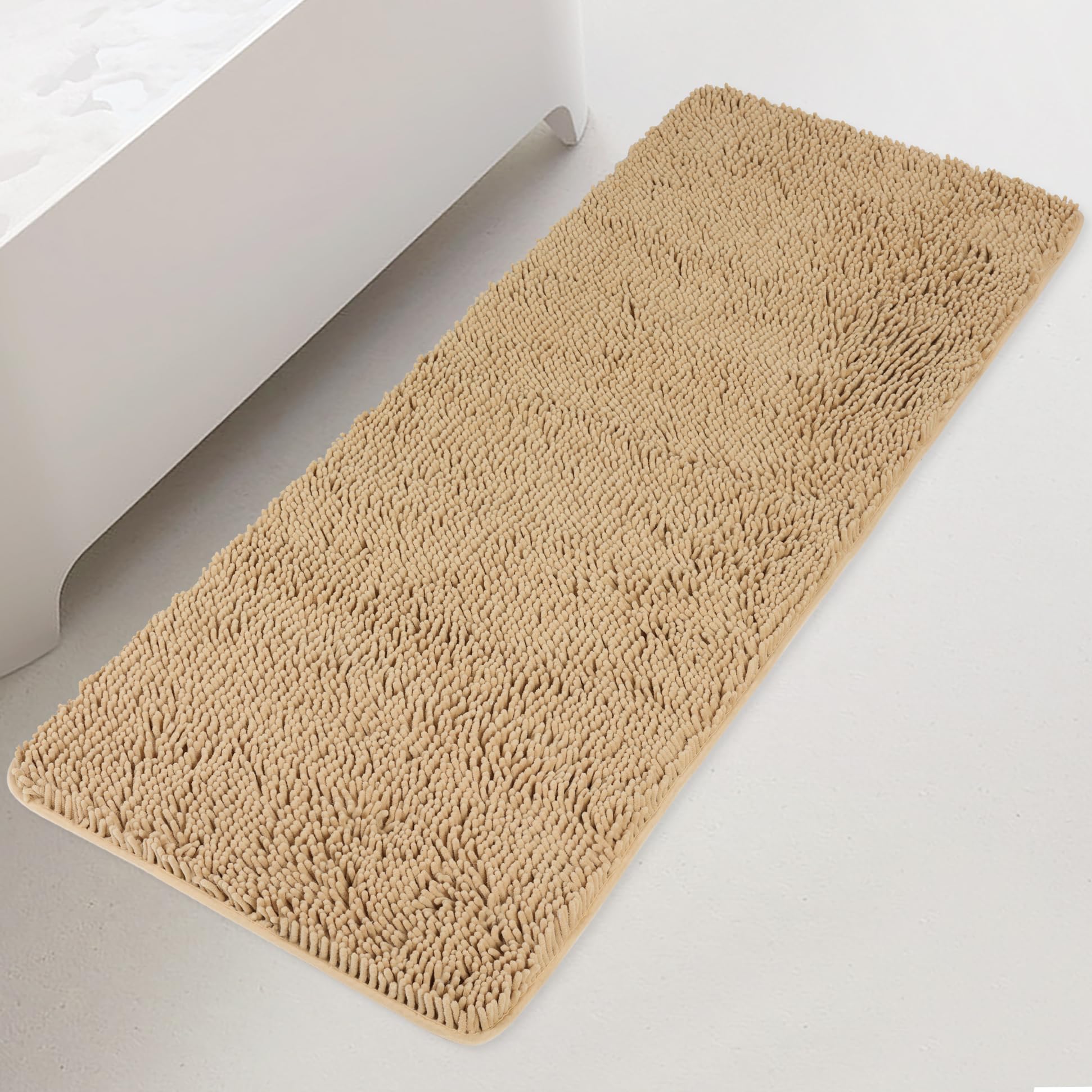 Yeaban Bathroom Runner Rug, 61 x 152 cm, Thick Chenille Long Bath Mat, Absorbent and Washable, Extra Large Bath Mat, Non-Slip, Plush Runner Rug for Bathroom Floor, Shower, Bathtub (Beige)