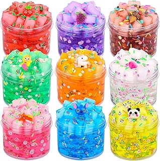 9 Pack Jelly Cube Slime Kit Party Favor Gifts, Crunchy Clear Glitter Crystal Slime for Girls and Boys, DIY Birthday Boba Glimmer Slime for Kids, Cute Charms Soft Non-Sticky Stress Relief Slime Toys