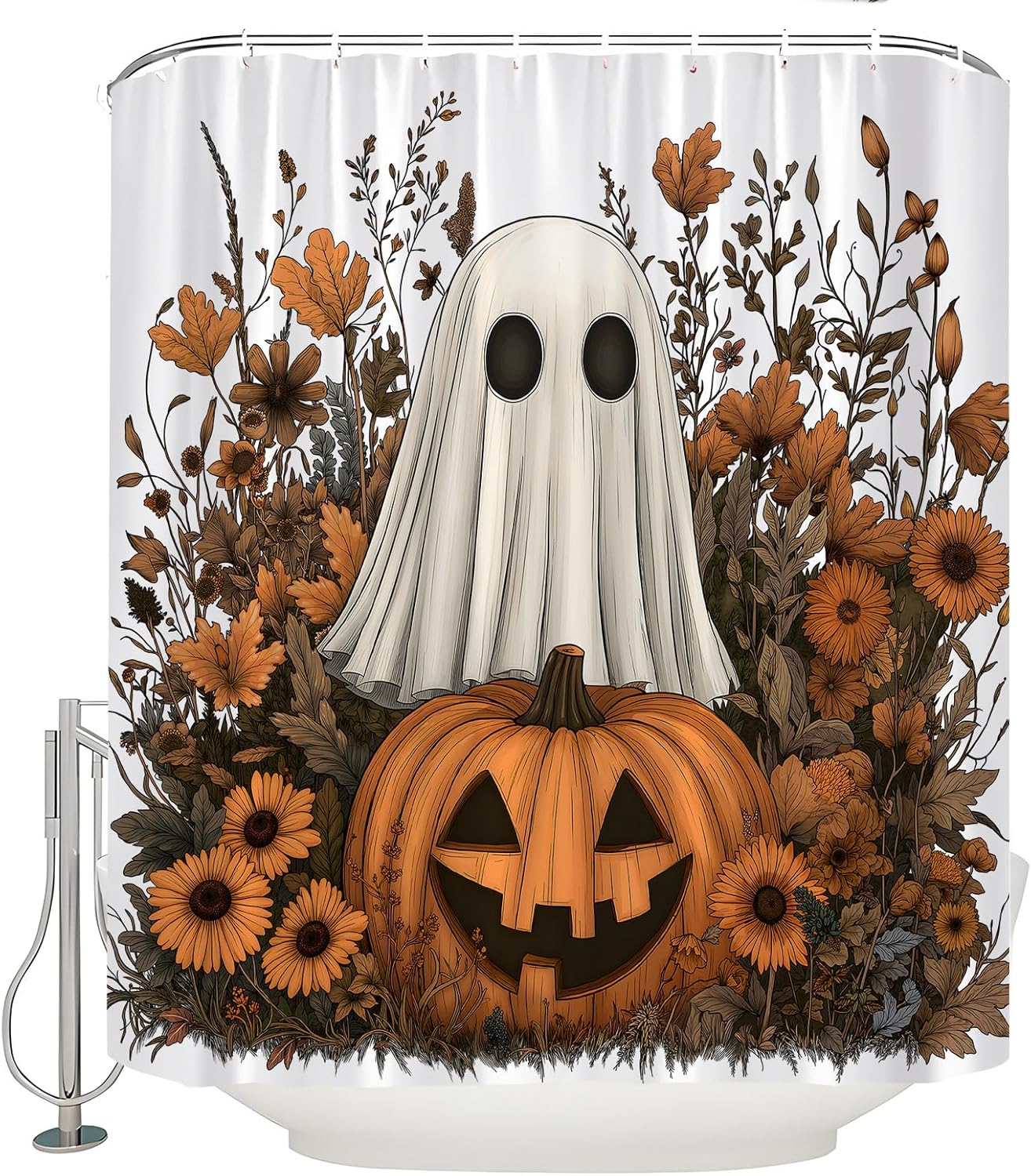 Halloween Ghost Pumpkin Shower Curtains Cute Spooky Fall Autumn Boho Floral Happy Holiday Bathroom Curtains Decor with Hooks