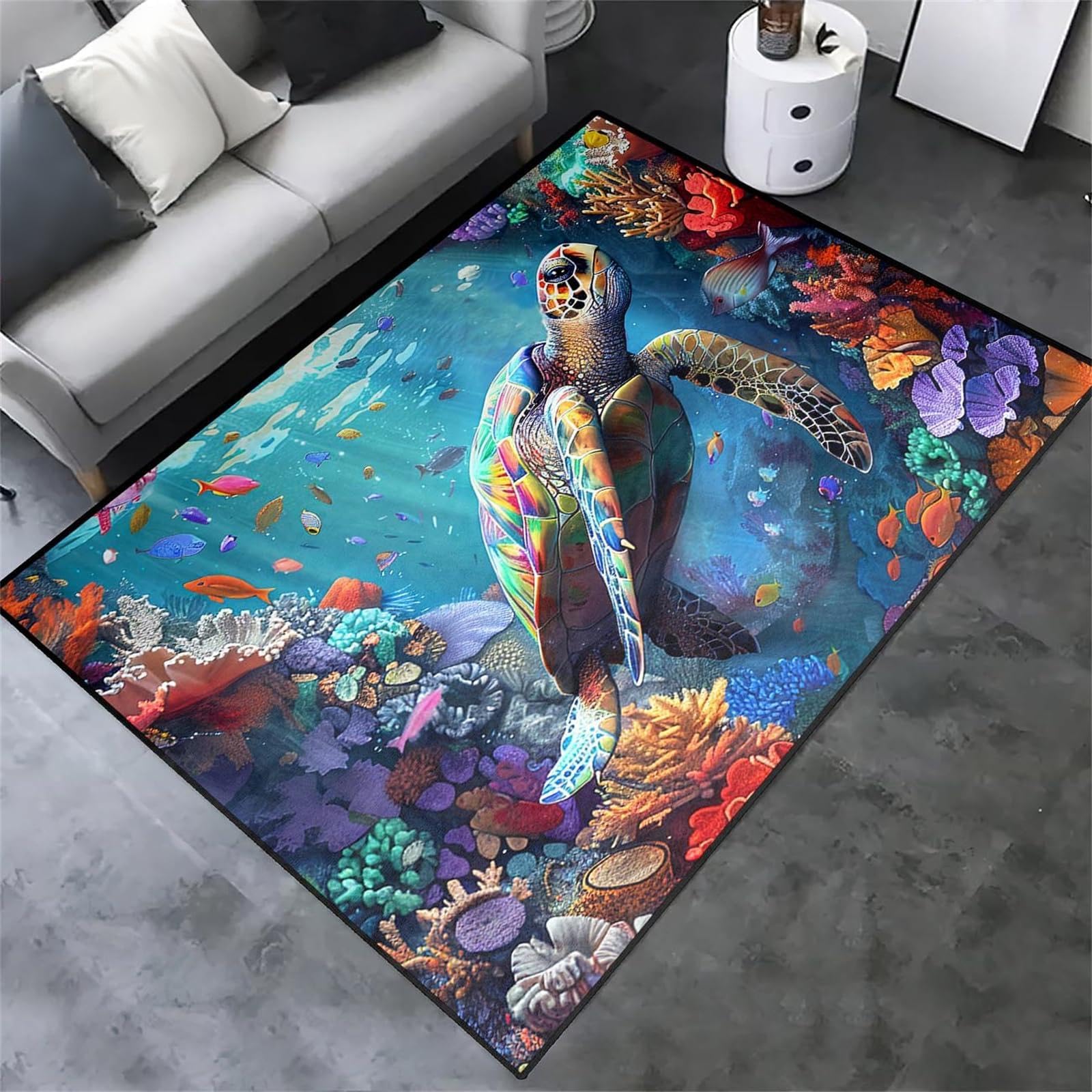 Bycmuoz Colorful Sea Turtle Children's Rugs for Bedroom, 100x150cm, Underwater World Ocean Animals Fish School Entryway Carpet, Blue Sea Turtle Coral Durable Foldable Rugs for Nursery Bedside