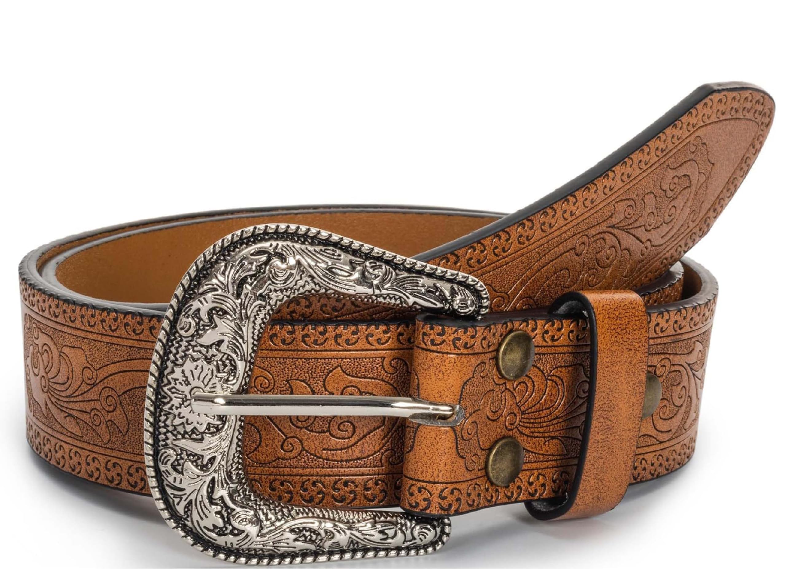 Adjustable Vintage Western-Belts for Women Men Engraved Buckle-Belts Cowboy-Cowgirl-Belt (Waist for 29"-39")