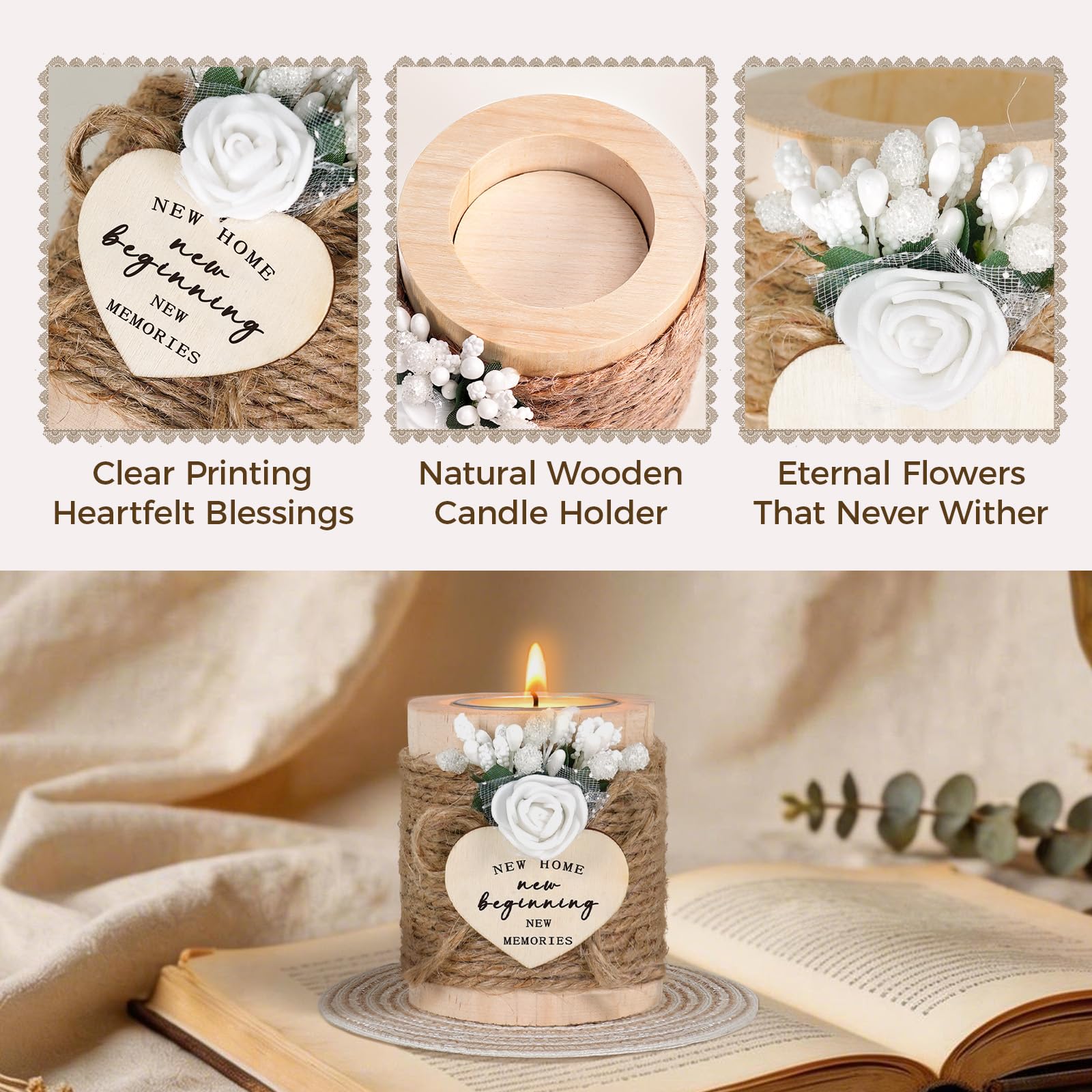 House Warming Gifts - New Home Gifts for New Homeowners, Women, Friends, Family, Wooden Candle Holder Set with 4 Tea Lights & Candle Mats - New Beginning Warming Gift Ideas for Party Decor