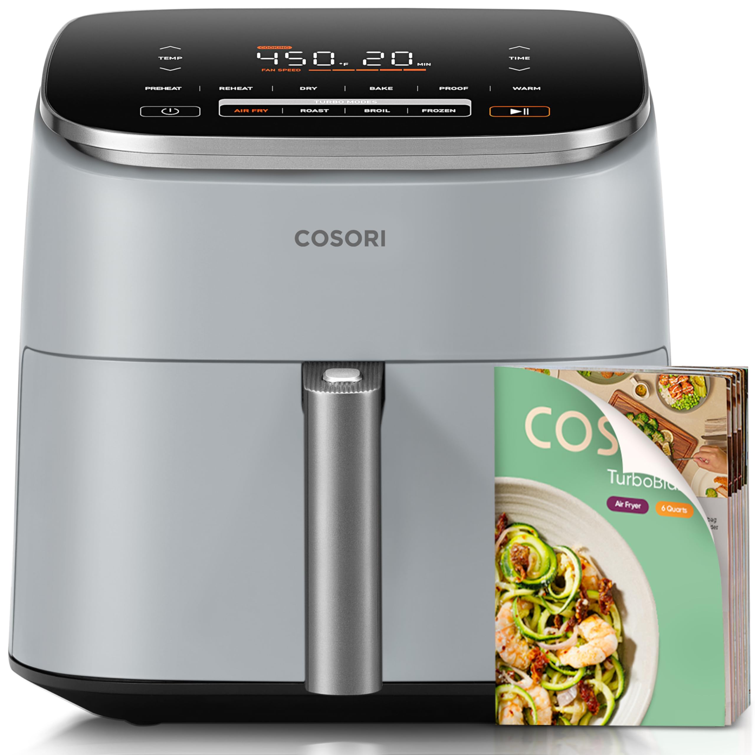 Cosori 9-in-1 TurboBlaze Air Fryer 6 Qt, Premium Ceramic Coating, 90°–450°F, Precise Heating for Even Results, Air Fry, Roast, Bake, Broil, Dry, Frozen, Proof, Reheat, Keep Warm, 120V, Light Gray