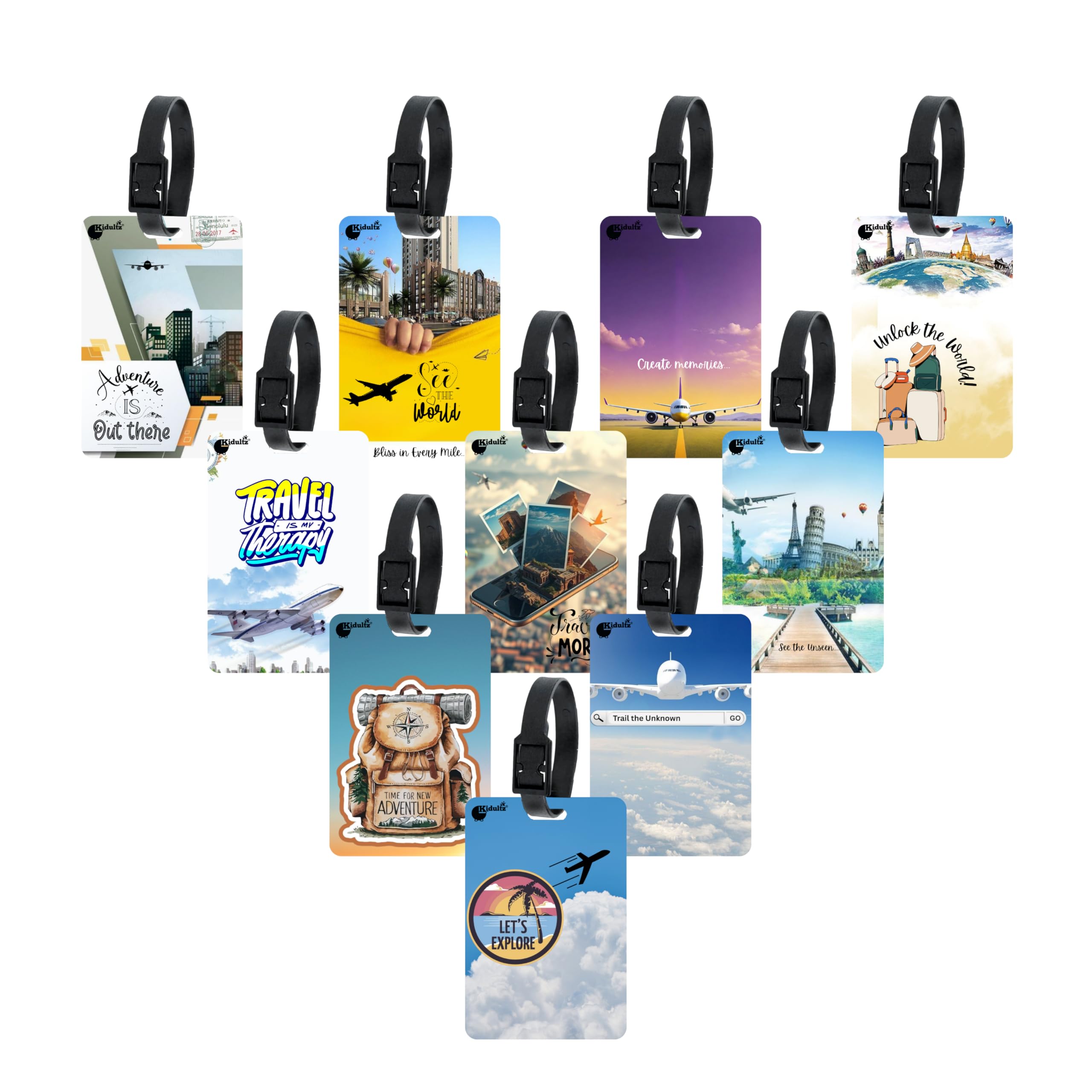 Kidultz (Set of 10) Synthetic Luggage Tags with Black Strap Loop | Durable, Waterproof, Anti-Break Travel ID Tags for Suitcases, Backpacks, School & Office Bags (Set 2)-image-2