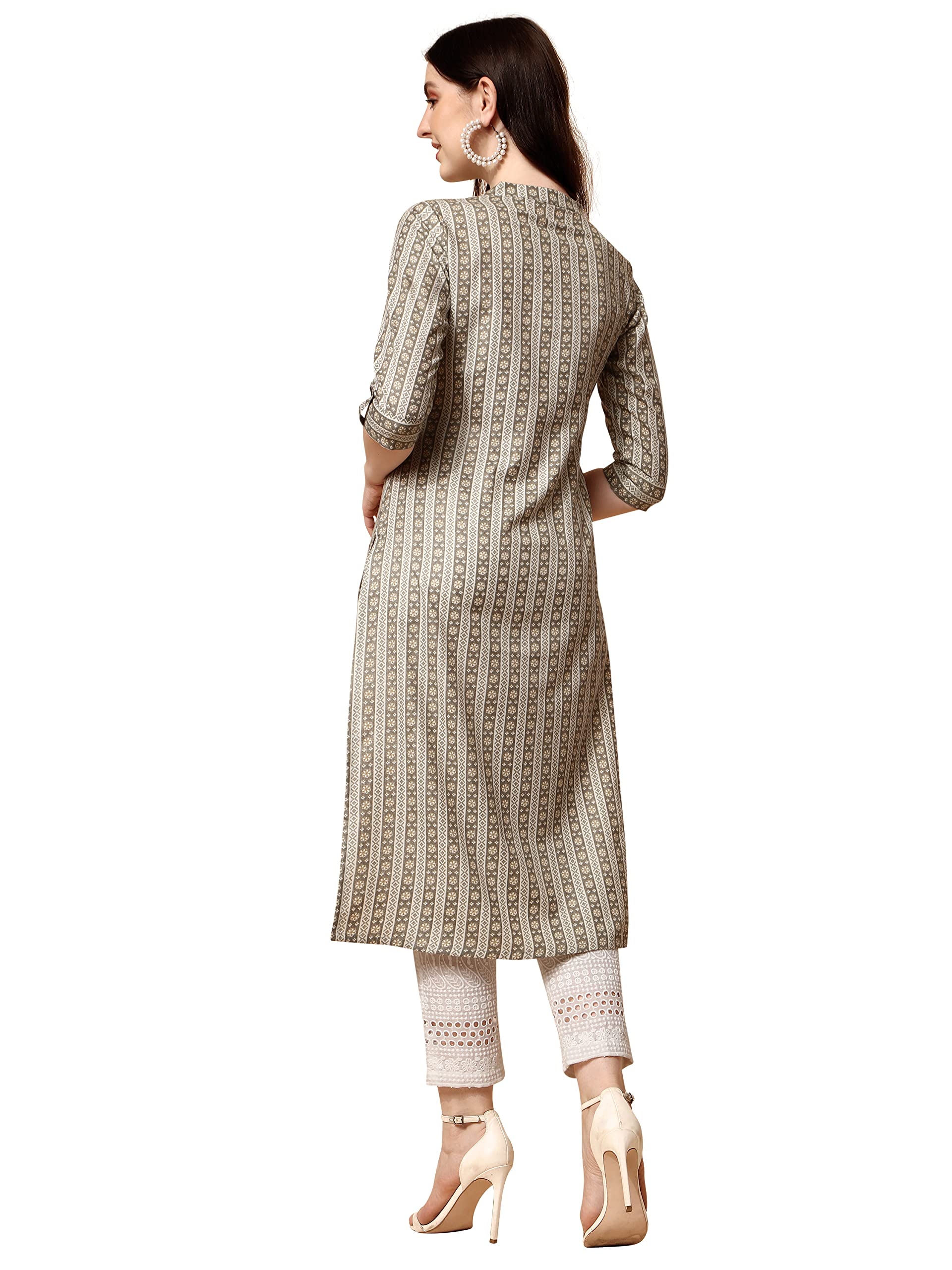 NAINVISH Women's Cotton Blend Straight Mandarin/Chinese Neck Printed Kurta (SD419_K-L_Yellow)