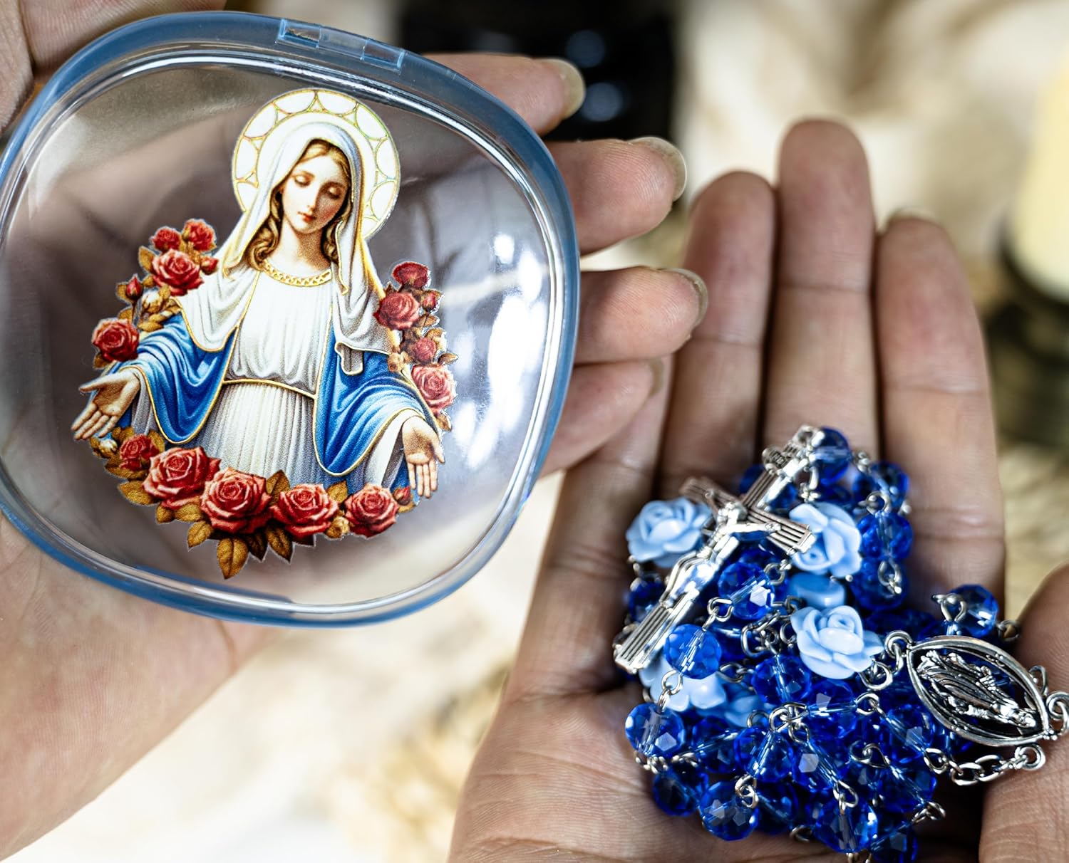 Rosary Necklace for Women - Catholic Crystal Beads with Virgin Mary Medal & Acrylic Gift Box - Image 4