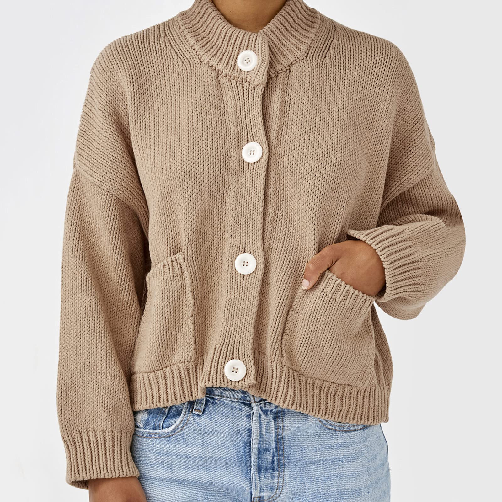 Generisch Cárdigan de mujer, invierno manga larga cuello alto abrigo de punto suéter corto chaqueta con bolsillo