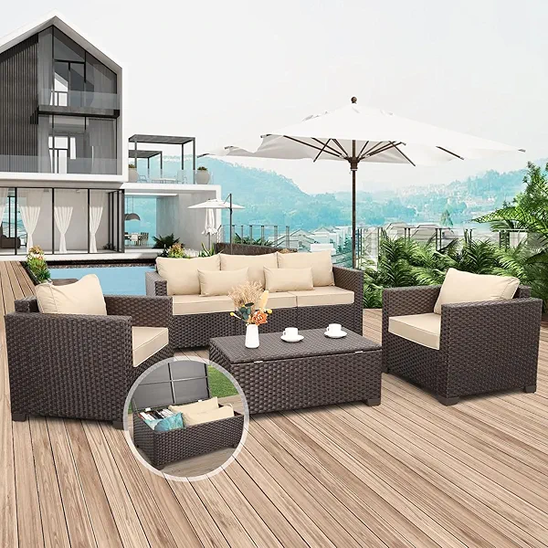 Patio Furniture Set 4 Pieces Outdoor Furniture Sets Patio Couch Outdoor Chairs Coffee Table with Storage Khaki No-Slip Cushions and Waterproof Covers