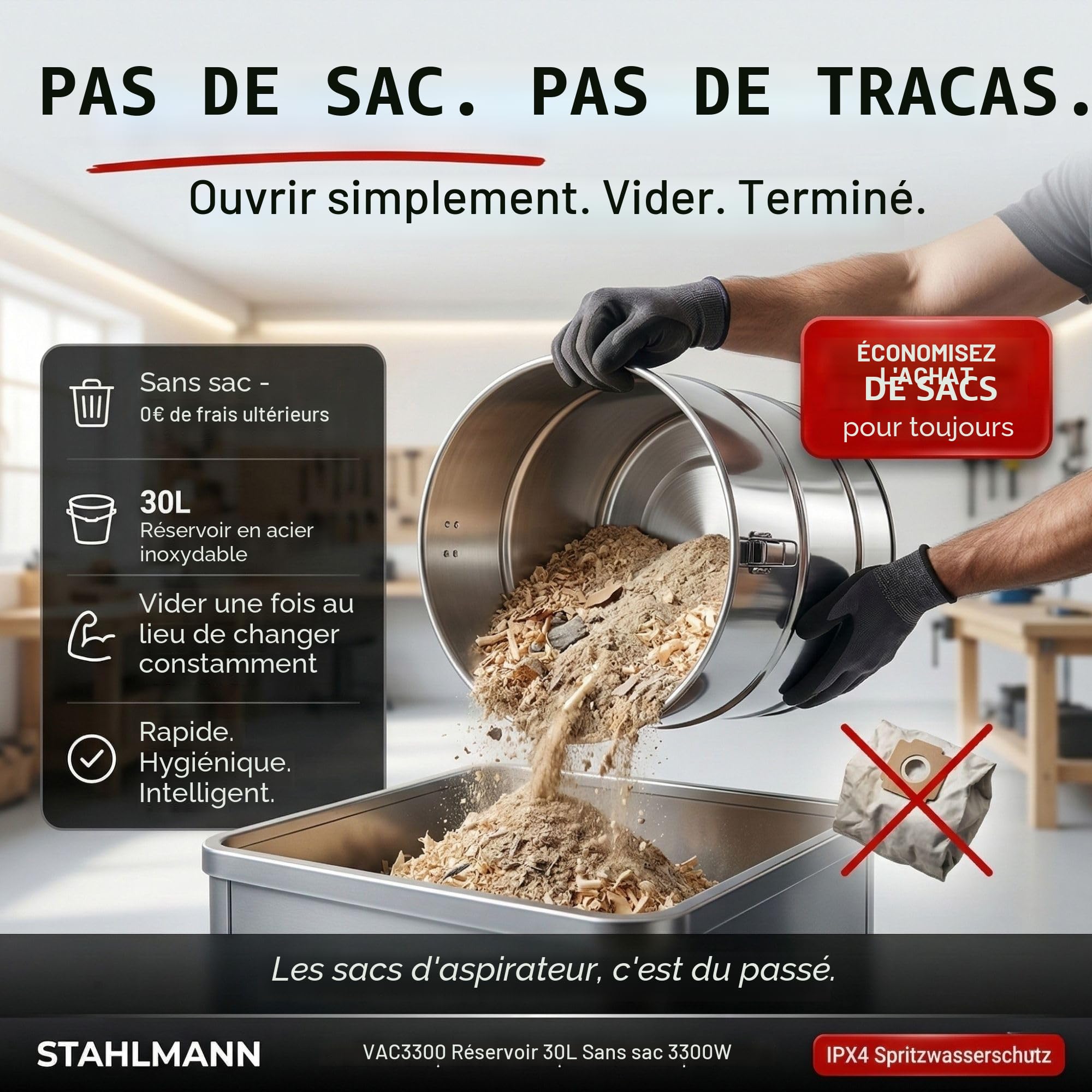 STAHLMANN VAC3300 Aspirateur industriel - Réservoir de 30 l - Prise intégrée - Puissant 3300 W - Avec et sans sac - Fonction soufflage - Connexion machine - Appareil professionnel - Aspirateur