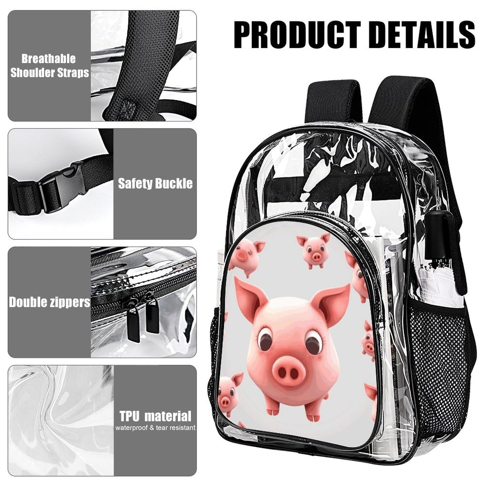 Smiling (10) Transparenter Rucksack, groß, transparent, PVC, Büchertasche für Sicherheit, Arbeit, Reisen, Stadion, 10 Stück