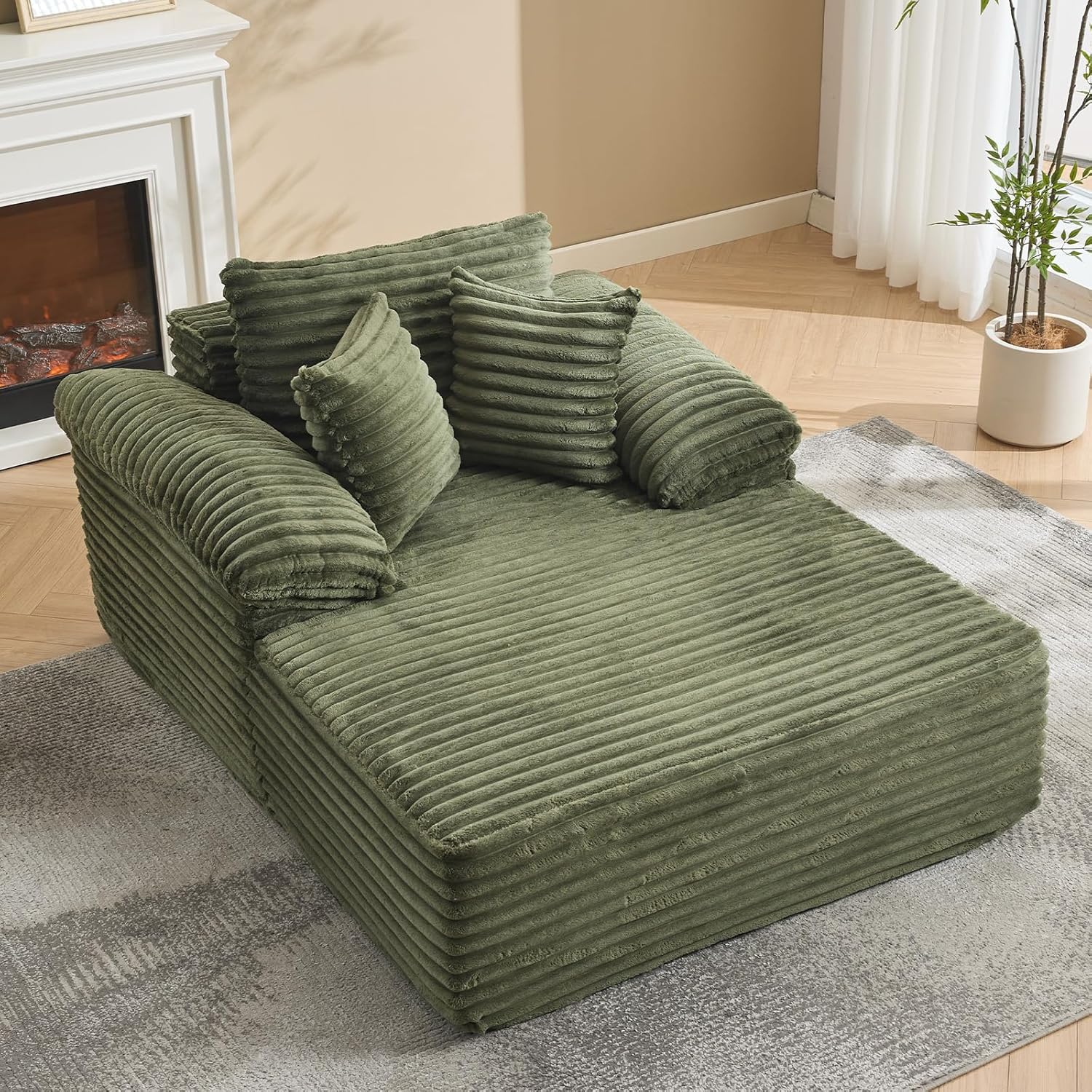 64.9'' Oversized Chaise Lounge Chair Sofa Bed,Corduroy Upholstered Boneless Sofa Bed with Pillows&Wide Armrest,300lb Max Load No Assembly Required Sleeper Sofa for Living Room, Bedroom, Movie Room