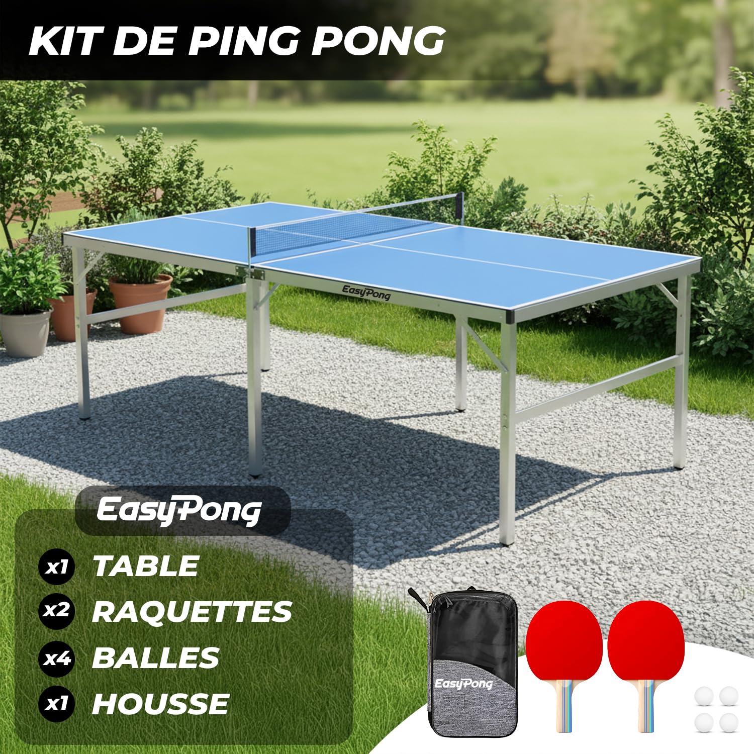 EasyPong® | Table de Ping Pong | 182x91cm | Qualité Premium | Facile à Transporter | Stable | Idéale pour Extérieur & Intérieur | 2 Raquettes + 4 Balles | Table Tennis | 100% Fun | OriginalCup®