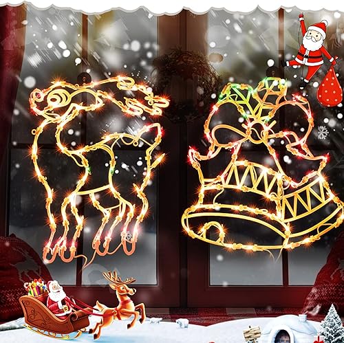 Miniatura 9 de Decoración de luces de silueta de ventana de Navidad, paquete de 4 letreros de color con ciervos, árboles de Navidad, campanas y estrellas para