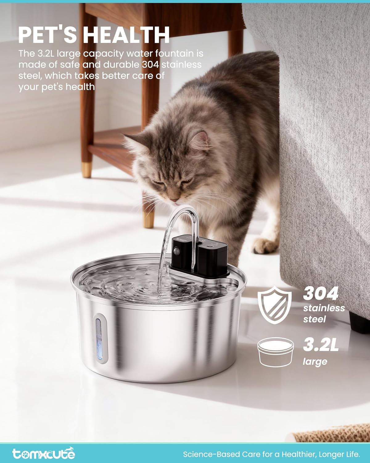 Wireless Cat Water Fountain - 108oz/3.2L Automatic Cat Water Fountain Cordless, Stainless Steel Battery Operated Pet Fountain Rechargeable Water Dispenser for Cats, Puppys, Multiple Pets